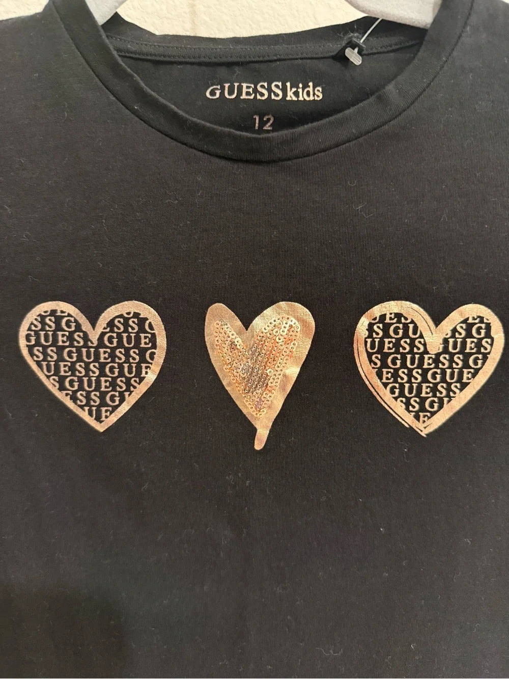 GUESS Kids Black Tee with Metallic Rose Gold Hearts
